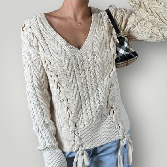 Zara Cream Cable Knit Sweater Lace Up Ribbon Detail Long Sleeve Chunky Preppy S - Picture 2 of 9